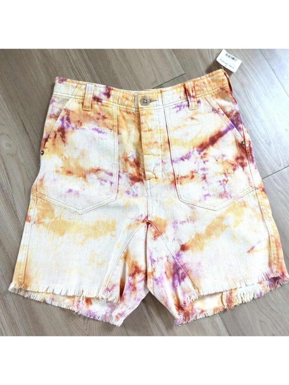 Free People Tie-Dye High-Rise Denim Shorts in Yellow & Purple